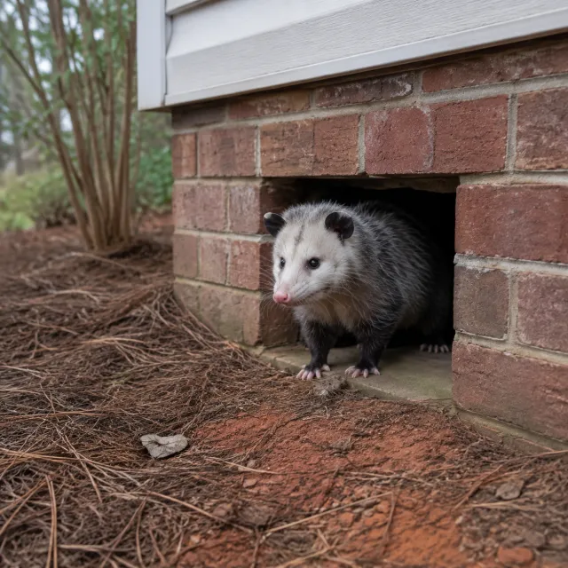 Opossum at the entrance of a crawl-space vent under a Columbia home