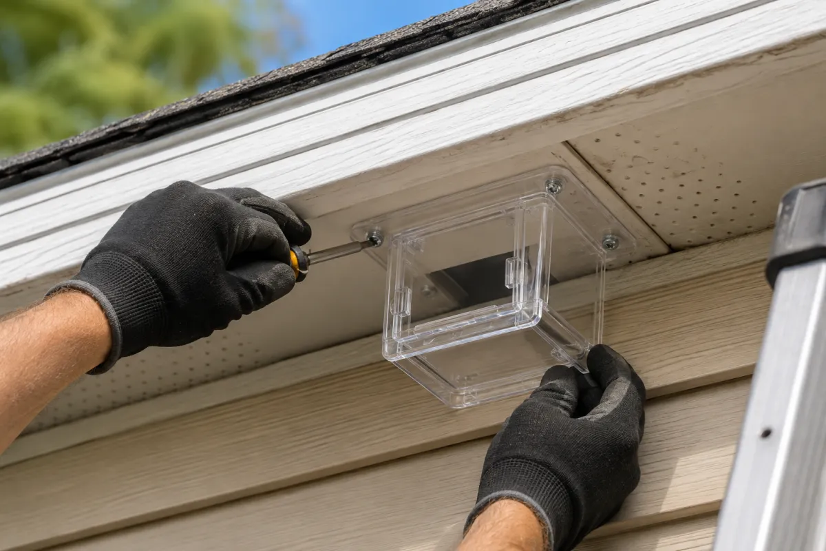 Operator fitting a one-way exclusion door over an entry point on a Columbia home