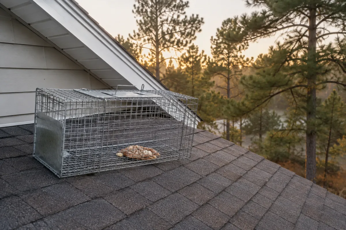 Live trap set on the roof of a Columbia home during a wildlife removal job
